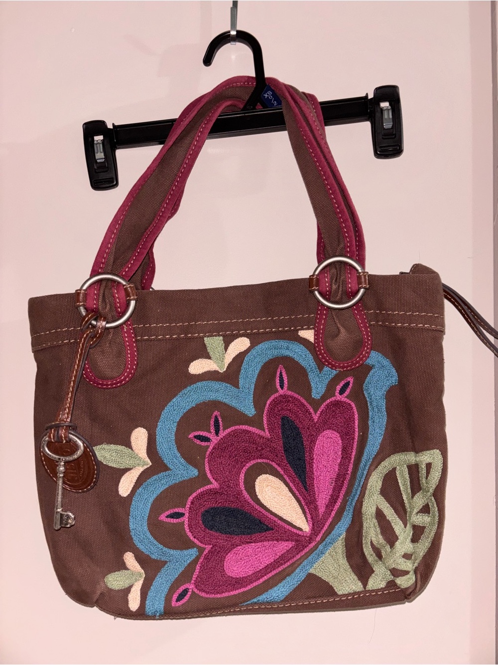 Fossil Embroidered Floral Canvas Tote Bag - Brown & Pink
